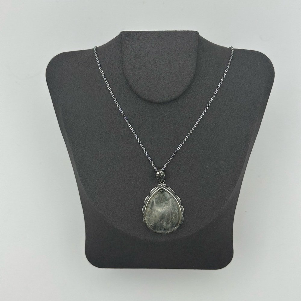 Dendritic Agate Teardrop Pendant in Silver 925 Setting on Silver 925 Chain - Picture 5 of 16